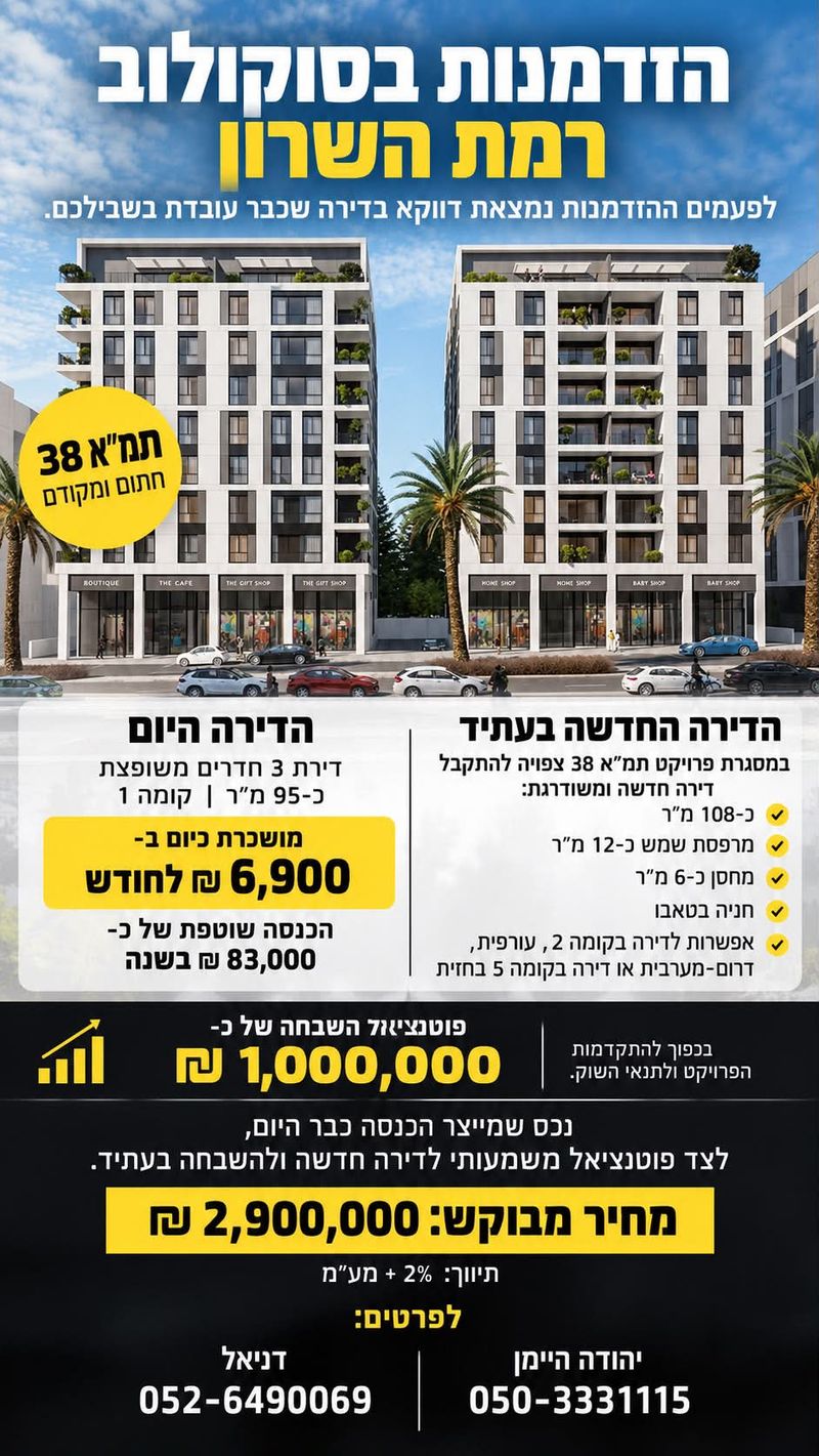 תמונה מפייסבוק – 3 חדרים • 2,900,000 ₪, סוקולוב, הדר, רמת השרון